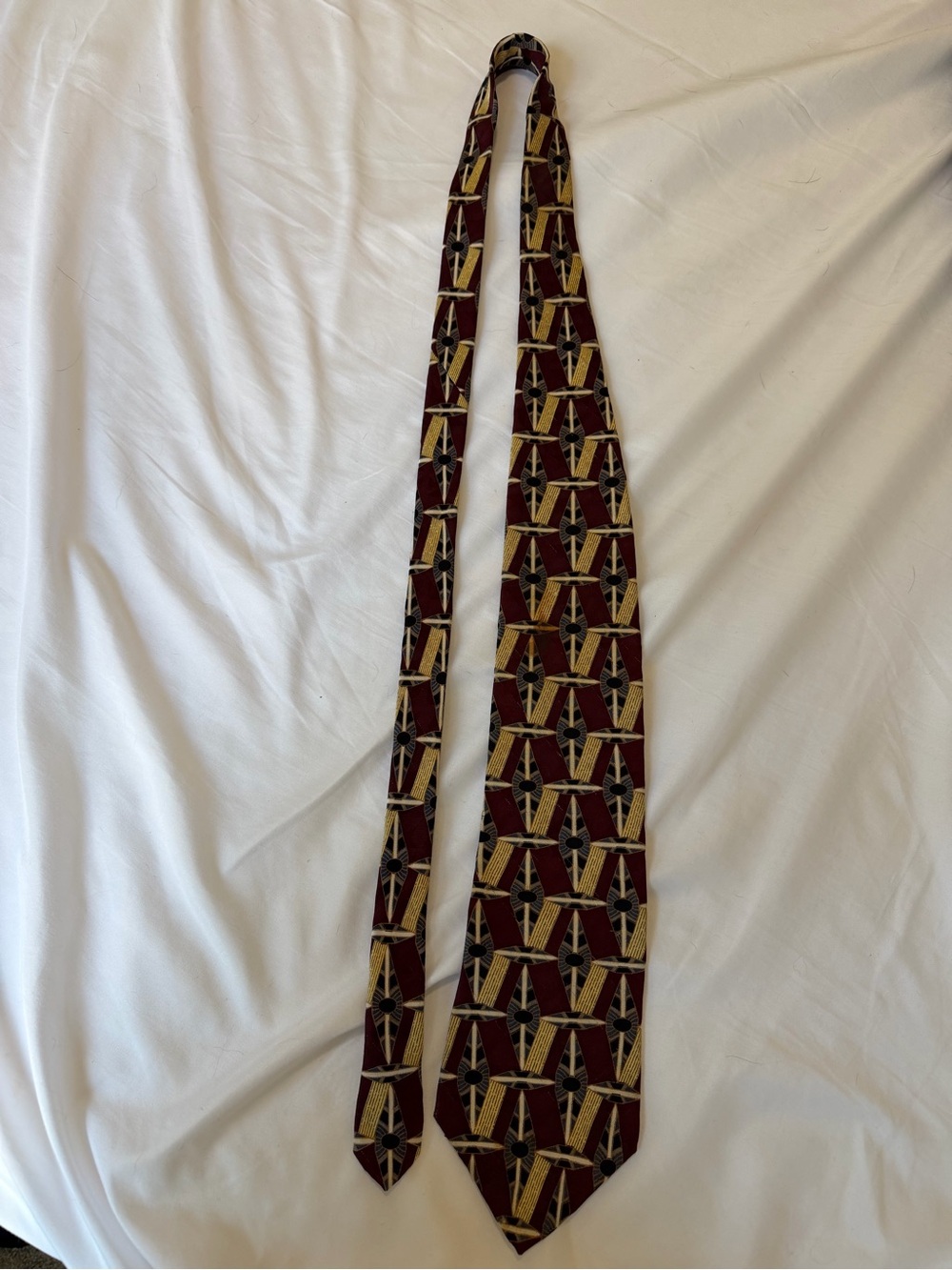 bill blass Burgundy Tie with Tan and Black Geometric Pattern